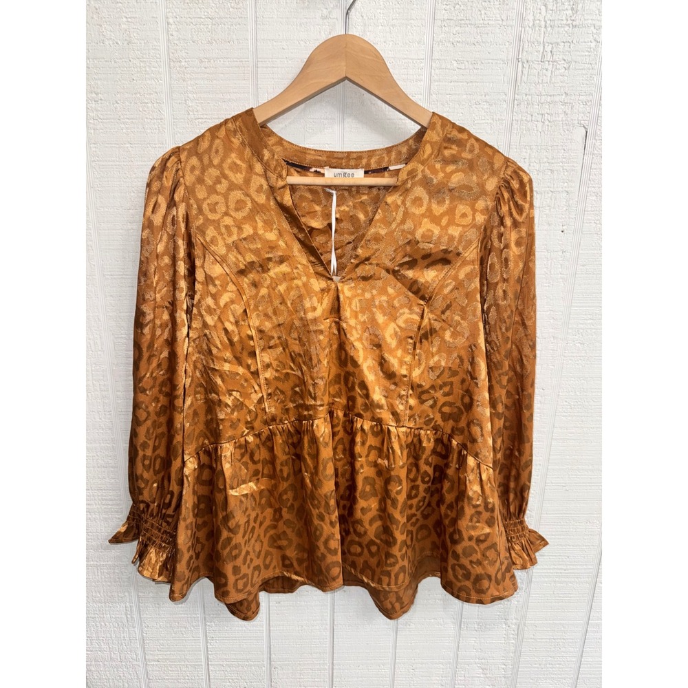 Umgee Peplum Top Women Cappuccino Leopard Jacquard Puff Sleeve NWT Small Snag